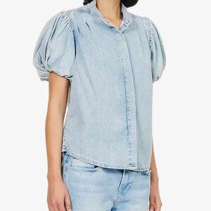Frame Denim Light Blue Puff Sleeve Chambray Blouse